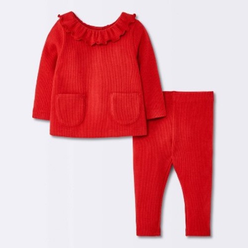 Baby Girls' Christmas Holiday 2pc Ribbed Pocket Long Sleeve Top and Leggings Set - Cloud Island™ Red 0-3M
