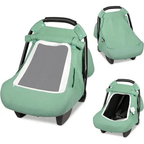 Summer Car Seat Cover Baby Boy, 100% Muslin Infant Car Seat Canopy Cover with Two Pockets for Baby Essentials, Breathable Cover for Boys Girls with Large Mesh Window