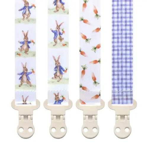 Baby Pacifier Clip Holder - Boy and Girl Unisex 4 Pack Gift Set – Neutral Vintage Rabbits and Carrots Beige Blue Brown Peter