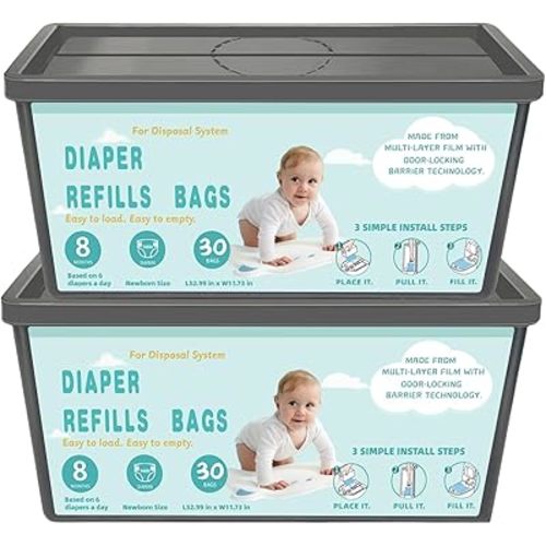 Diaper Pail Refills Bags with 30 Bags Compatible with Genie Easy Roll Signature and Platinum Diaper Pails, 7-Layer Odor-Barrier Technology,2Pack