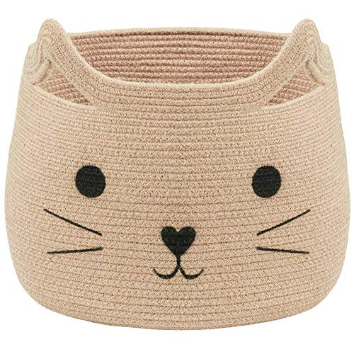 VK VK·LIVING Animal Baskets Large Woven Cotton Rope Storage with Cute Cat Design Laundry Organizer for Towels, Blanket, Toys, Clothes, Gifts – Cat Toy Box Pet or Baby Gift Baskets 15"Lx14H"