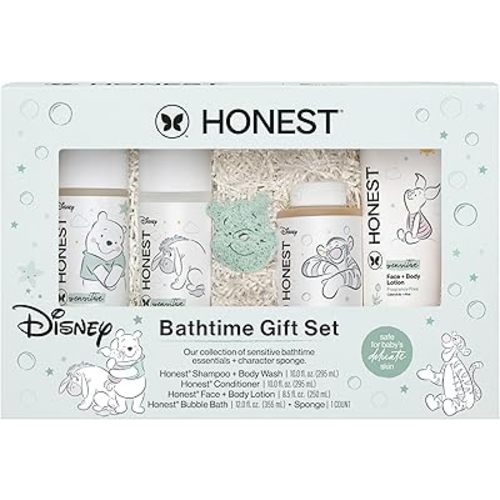 The Honest Company Fragrance-Free Bathtime Gift Set, Disney Design, Hypoallergenic, Bath Essentials for Sensitive Skin, Shampoo and Body Wash, Face Lotion, Bubble Bath, Conditioner, Sponge