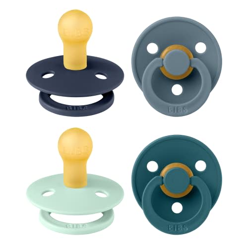 BIBS Pacifiers - Colour 4 Pack | Round Nipple Baby Pacifier | BPA Free Natural Rubber Latex Soother | Made in Denmark | Size 0-6