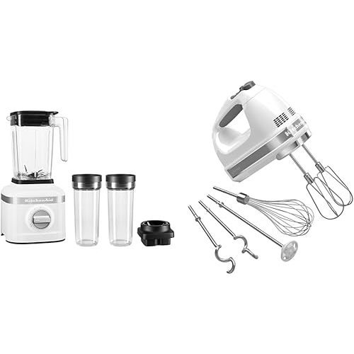 KitchenAid K150 48oz 3-Speed Ice Crushing Blender with Personal Jars & 9-Speed Digital Hand Mixer with Accessories - White