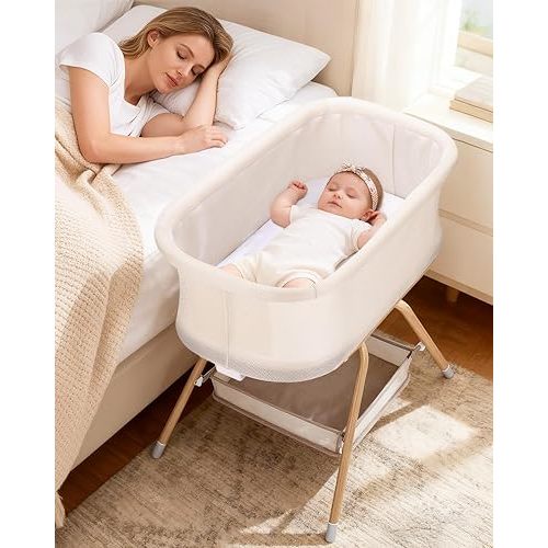 3 in 1 Baby Bassinet, Rocking Bedside Bassinet for Baby with Mesh Design & Soft Mattress, Bassinet Bedside Sleeper for Newborn Infant，Portable Nest with Storage Basket, Easy Assemble & Folding Beige