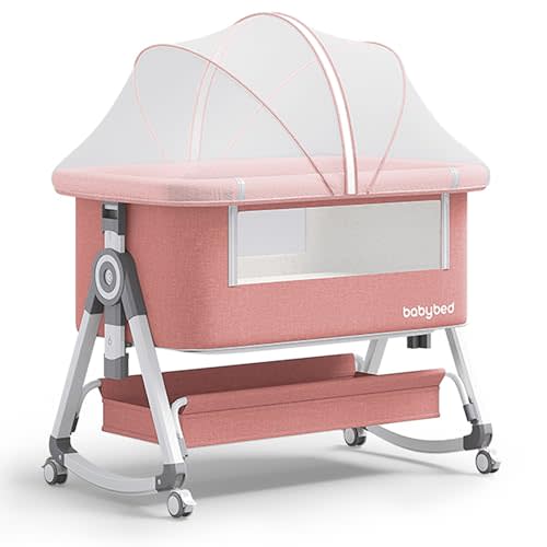 Baby Bassinet Bedside Bassinet for Baby 4 in 1 Portable Bassinet Bedside Sleeper with Wheels Mosquito Net & Storage Basket, 6 Height Adjustable Rocking Bassinet for Newborn Baby Crib