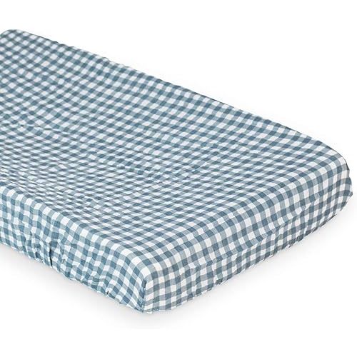 Lulujo Muslin Change Pad Cover - Fitted Changing Pad Cover for Boys and Girls -32"x17", 1 Pack (Navy Gingham)