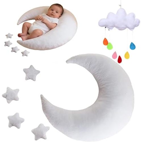 Newborn Photography Props, 6 PCS Newborn Photography Posing Pillows for 0-6 Months, Professional Photograph Shoot for Moon Star Cloud Theme (White)