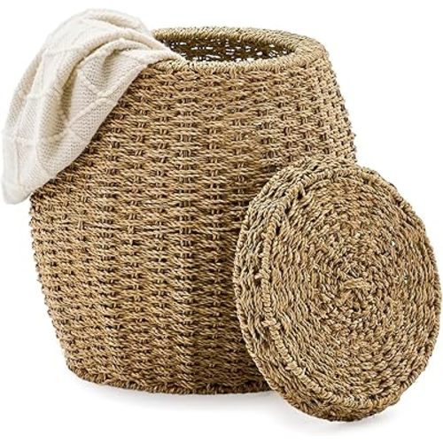Short Wicker Basket with Lid for Laundry