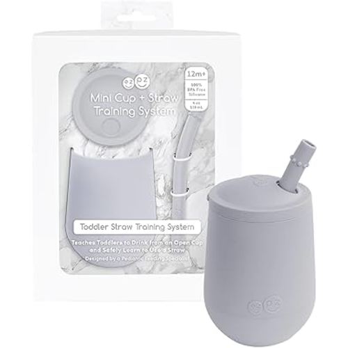 ezpz Mini Cup + Straw Training System - 9 Months+ (Pewter) - 100% Silicone Training Cup for Infants + Toddlers - Designed by a Pediatric Feeding Specialist