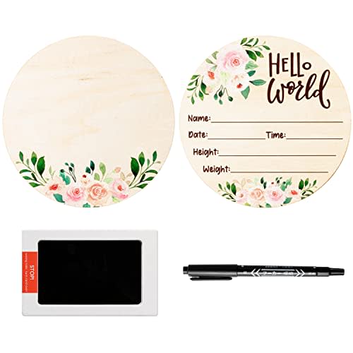 R HORSE Baby Birth Announcement Sign with Marker Pen, Pink Floral Baby Name Sign with Ink Pad for Hand and Footprints, Wooden Hello World Newborn Announcement Nursery Decor Keepsake Gifts