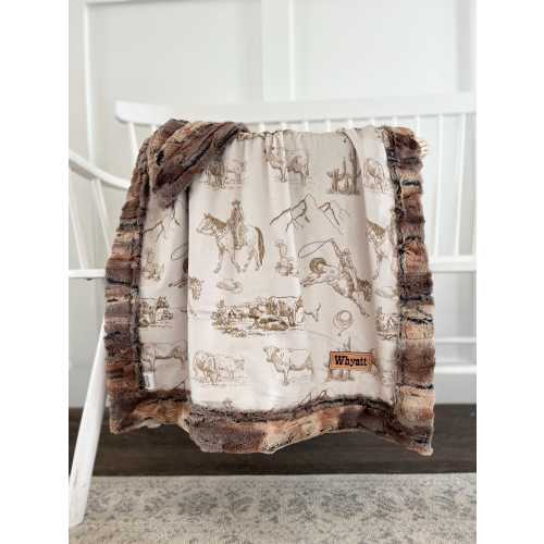 Personalized western baby boy blanket for cowboy baby name tag blanket western nursery little buckaroo ranch horse cow and bronc bedding