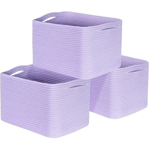 MINTWOOD Design 3-Pack Storage Baskets and Cube Bins for Shelves, Playroom and Classroom, Decorative Woven Closet Organizers for Books, Shoes, and Pantry Items, Lavender Purple