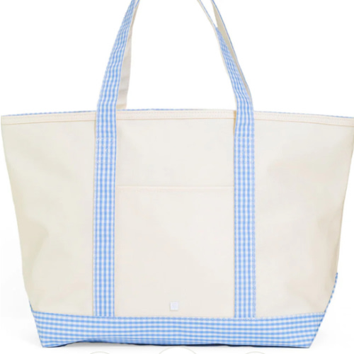 Tote Bag - Coated Canvas Maxi Tote - Natural with Sky Gingham Trim