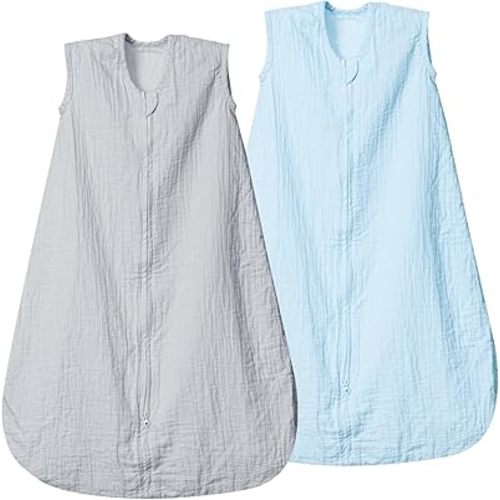 david's kids Muslin Cotton Baby Sleep Sack 0-6 Months, 2 Pack 100% Cotton Sleeping Bag for Summer, TOG 0.5 Baby Wearable Blankets with 2-Way Zipper, Soft Sleep Sacks for Newborn Infant, Grey & Blue