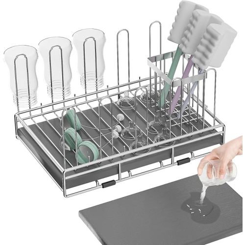 Baby Bottle Drying Rack Organizer Stainless Steel Large Countertop Glass Water Bottle Dryer Holder with Diatomite Stone Quick Dry Easy Clean and Brush Holder