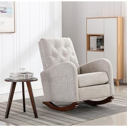 Rocking Chair, Glider Chair with Rubber Pad & Side Pocket, Armchair with Solid Wood Strusture for Living Room, Nursery, Bedroom, Breastfeeding (Light Grey)