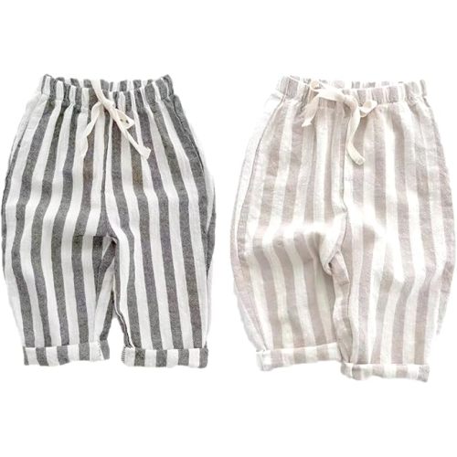 Ashmyova Classic Casual Pants for Boys Thin Cotton Stripe Elastics Waist Spring Summer Trousers Toddler Long Pants 2Pcs