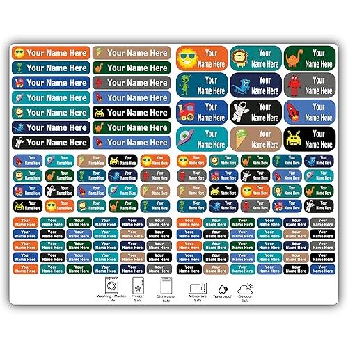 126 Custom Name Labels – Boys, Girls and Kids Icon Designs. Waterproof Labels for School, Daycare and Camp. Personalized Stickers, Dishwasher and Microwave Safe, Machine Washable.