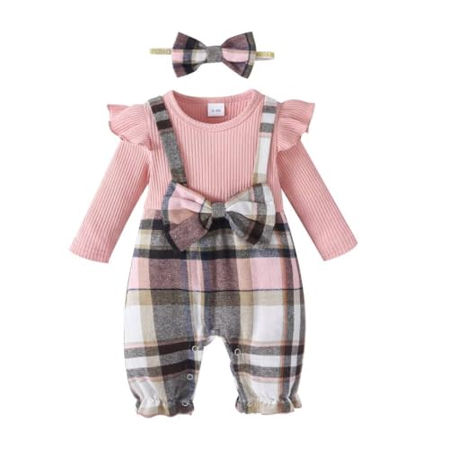 JOIMOCY Baby Girl Clothes Fall Winter Outfit Infant Girl Plaid Long Sleeve Ruffle Romper One Piece Jumpsuit with Headband