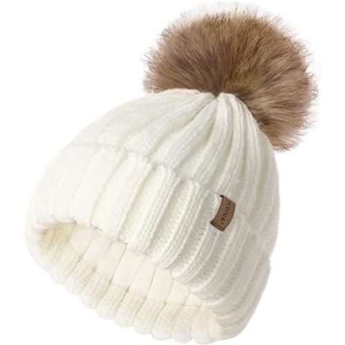 FURTALK Kids Winter Hat Toddler Knitted Pom Beanie Hat Cotton Lined Faux Fur Pom Pom Cap Baby Girls Boys Beanies