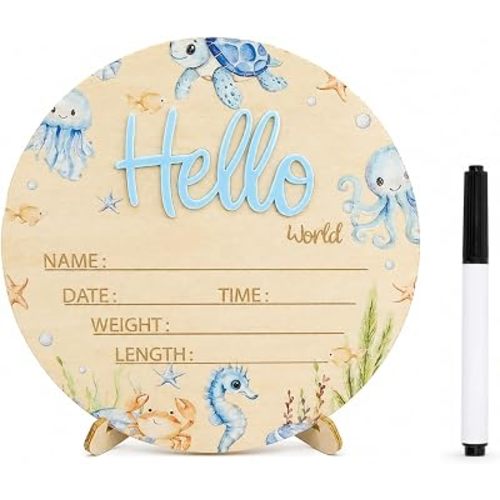 Baby Announcement Sign, Ocean Hello World Newborn Sign with Marker