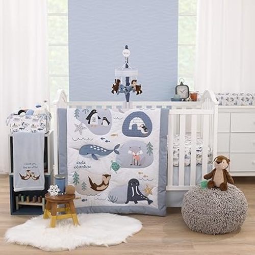 NoJo Arctic Adventure Light Blue, White, Taupe and Navy Whales, Walrus, and Otter 4 Piece Nursery Crib Bedding Set - Comforter, 100% Cotton Fitted Crib Sheet, Crib Skirt, and Storage Caddy