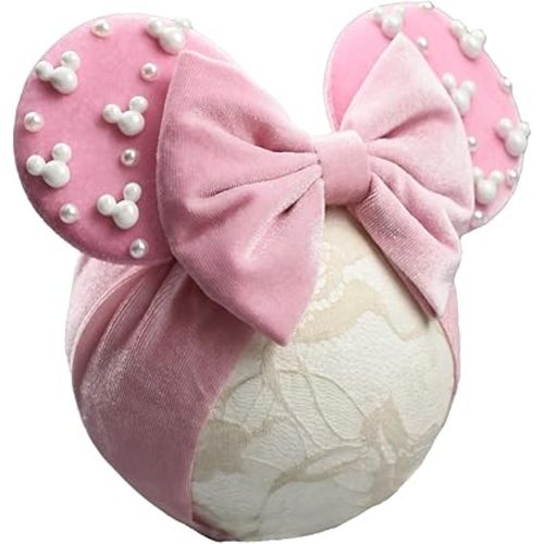 JIAHANG Baby Girl Pink Velvet Mouse Ears Turban Headband with Pearls, Beaded Velvet Hair Bow Hairband for Infants Toddlers Kids