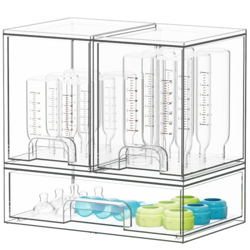 SpaceAid Baby Bottle Storage Organizer, Stackable Acrylic Drawer Unit with Small, Medium & Large Bin for Countertop, Cabinet, Vanity