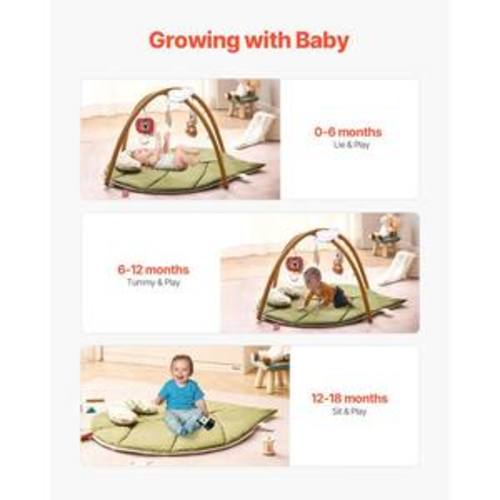 Baby Play Gym Mat 1 x 1 ft. Indoor Baby Activity Mat with 6 Sensory Toys, Oversize Leaf-Shaped Tummy Time Mat for Infant