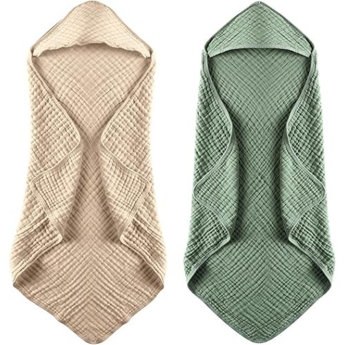 MUKIN Baby Hooded Towels, Muslin Cotton, 2-Pack, for Newborn, Infant, Toddler and Kids (Dark Green,Khaki)