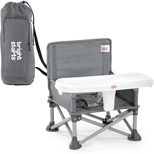 Bright Starts Pop 'N Sit Portable Booster, Indoor/Outdoor Use, Floor Seat with Feeding Tray, Grey, 6 Mos - 3 Yrs