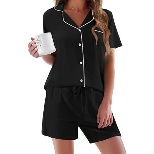 Ekouaer Pajamas Set for Women Short Sleeve Sleepwear Button Down Pjs Soft 2 Piece Lounge Sets