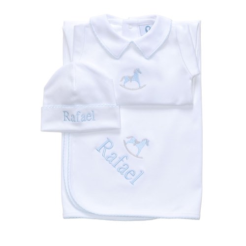 Rocking Horse Hunter Pima Cotton Footie- White w Blue trim or Blue w Blue Trim-Rocking Horse Outfit-Coming Home OutFit, Pima Cotton Baby