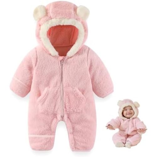 Newborn Baby Bear Outfit Suit With Fold-Over Mittens Footies Girls Boys Winter Fleece Clothes Hooded Romper Snowsuit