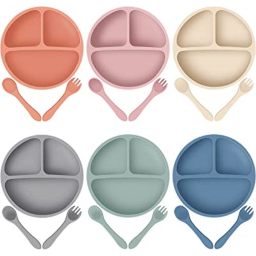 6 Pack Suction Plates for Baby with Spoon Fork Divided Toddler Plate with Suction Silicone Baby Self Feeding Set for Boys Girls (Dark Gray, Army, Dark Blue, Orange, Khaki, Pink)