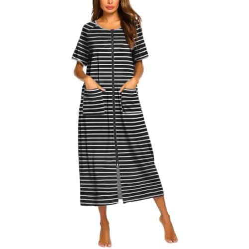 Ekouaer Women Robes Zipper Front Short Sleeve Full Length Housecoat with Pockets Loungewear S-4XL