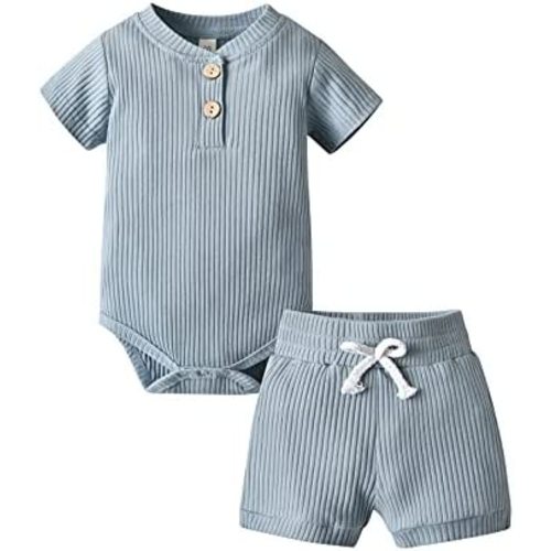 Derouetkia Summer Newborn Baby Boy Girl Clothes Solid Color Ribbed Romper and Shorts Outfits Set