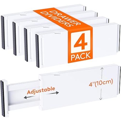 Lifewit 4 Pack Drawer Dividers 4" High,11-17" Adjustable Dresser Drawer Organizers for Clothes, Expandable Dresser Separators in Bedroom/Bathroom/Kitchen/Vanity/Office Organization and Storage, White