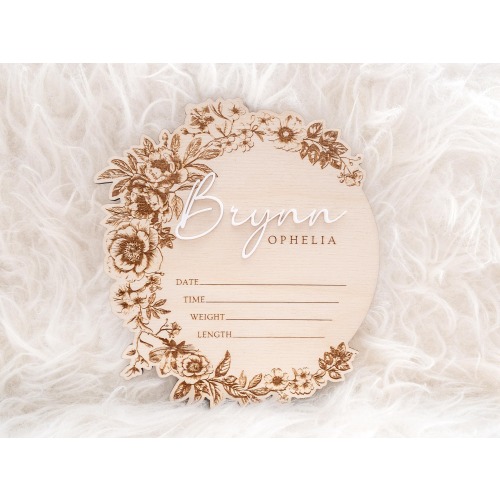 Floral baby name announcement sign with birth stats | newborn name plate for hospital | birth stat wood round | baby girl name plaque