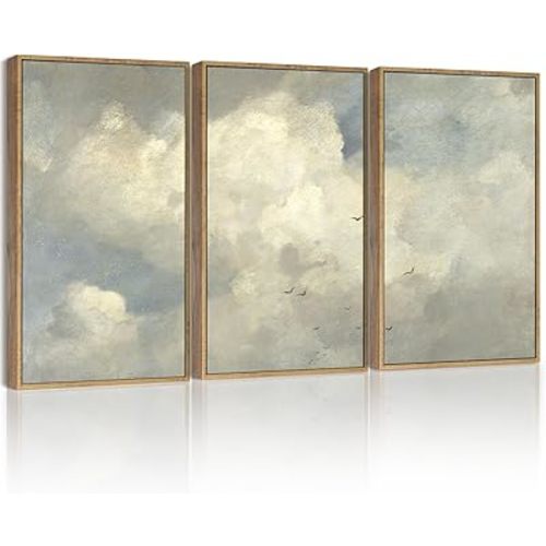 SHENIFY Vintage Landscape Framed Wall Art Sky Cloud Nature Farmhouse Decor Retro Classical Painting for Kitchen Living Room Bedroom Bathroom - 12x16in3pcs Natural Framed