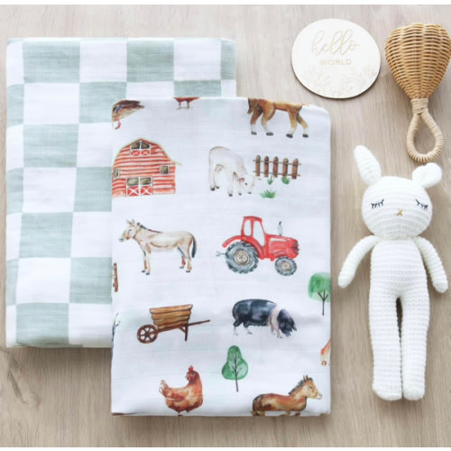 LifeTree Muslin Swaddle Blankets, Farm Animals Baby Swaddling Wrap Nursery Receiving Blanket for Boys & Girls, Soft 70% Viscose from Bamboo and 30% Cotton, Large 47 x 47 inches