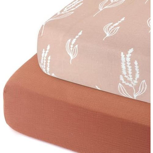 GRSSDER Soft Muslin Crib Sheet 2 Pack, 100% Cotton Crib Sheets for Boys and Girls, Fit Standard Crib Mattresses 52" x 28" Safe and Snug, Wheat/Brick Red