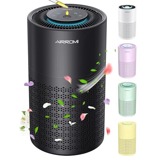 AIRROMI Air Purifier for Bedroom with HEPA 3-in-1 Filter, Pet Air Purifier for Home Cat Pee Smell, Covers Upto 990 Ft², Quiet 360°intake Air Cleaner for pet hair,allergies,Dust,Smoke A2001 Black