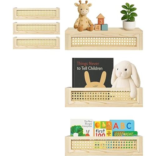 Montex Rattan Shelf 3 Pack, 16 Inch Nursery Floating Shelves, Floating Book Shelves for Wall Nursery, Boho Shelves, Rattan Shelves Decor, Wicker Wall Shelf