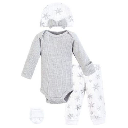 Hudson Baby Girls Thermal Preemie Layette Set 4pc Long Sleeve Outfit, Snowflake, Preemie