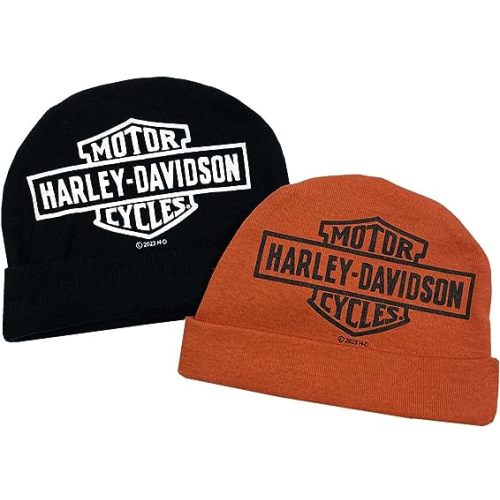 Harley-Davidson Baby Boys' 2 Pack Bar & Shield Rib Knit Beanies, Black/Orange