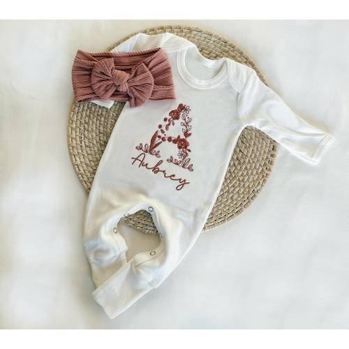 Personalized baby romper, embroidery baby girl coming home outfit, custom baby shower gift, floral initial sleeper