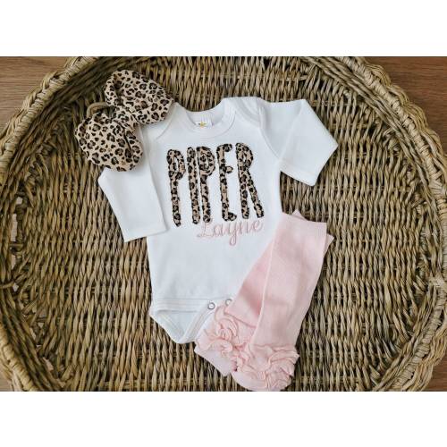Baby Girl Coming Home Outfit with Leopard Applique Name