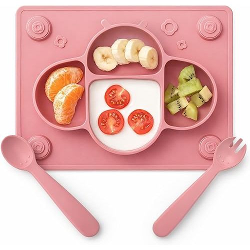 ROCCED Suction Plates for Baby Placemat Spoon Fork Set for Toddlers, Silicone Baby Plates with Suction Dishes for Kids Plate-Pale Mauve